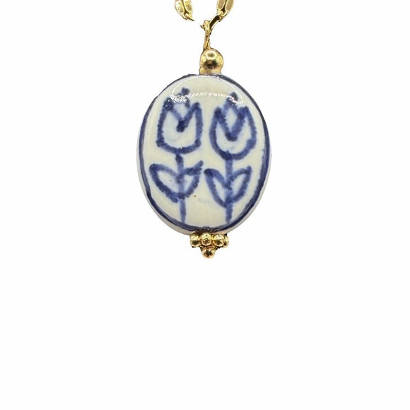 Blue and White Floral Ceramic Pendant on Stainless Steel Necklace - Picture 9 of 13
